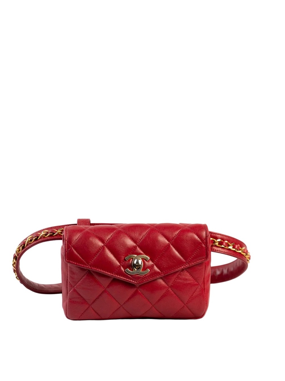 CHANEL Red Quilted Leather Mini Belt Bag with Gold Chain Strap